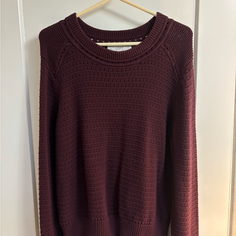LOFT Deep Burgundy Textured Crew Neck Sweater